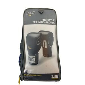 Everlast Pro Style Training Gloves 12oz Black Silver with Blue Hand Wraps Set